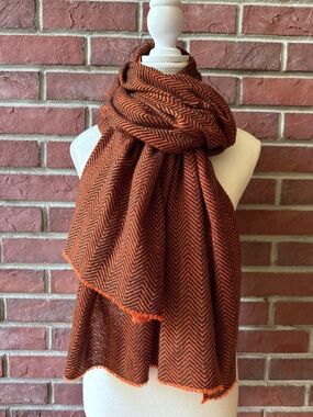 Nomadic Camel Wool Orange & Black Chevron Hand-woven Luxury Scarf 25”x80” NWOT